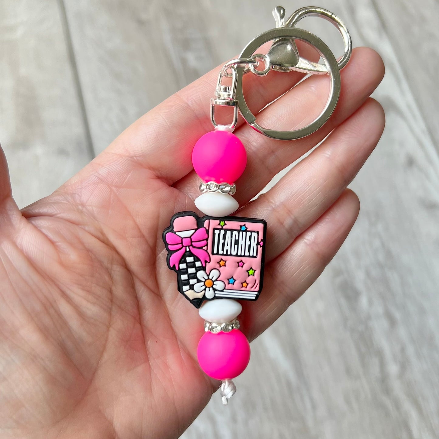 Teacher keychain with hot pink beads