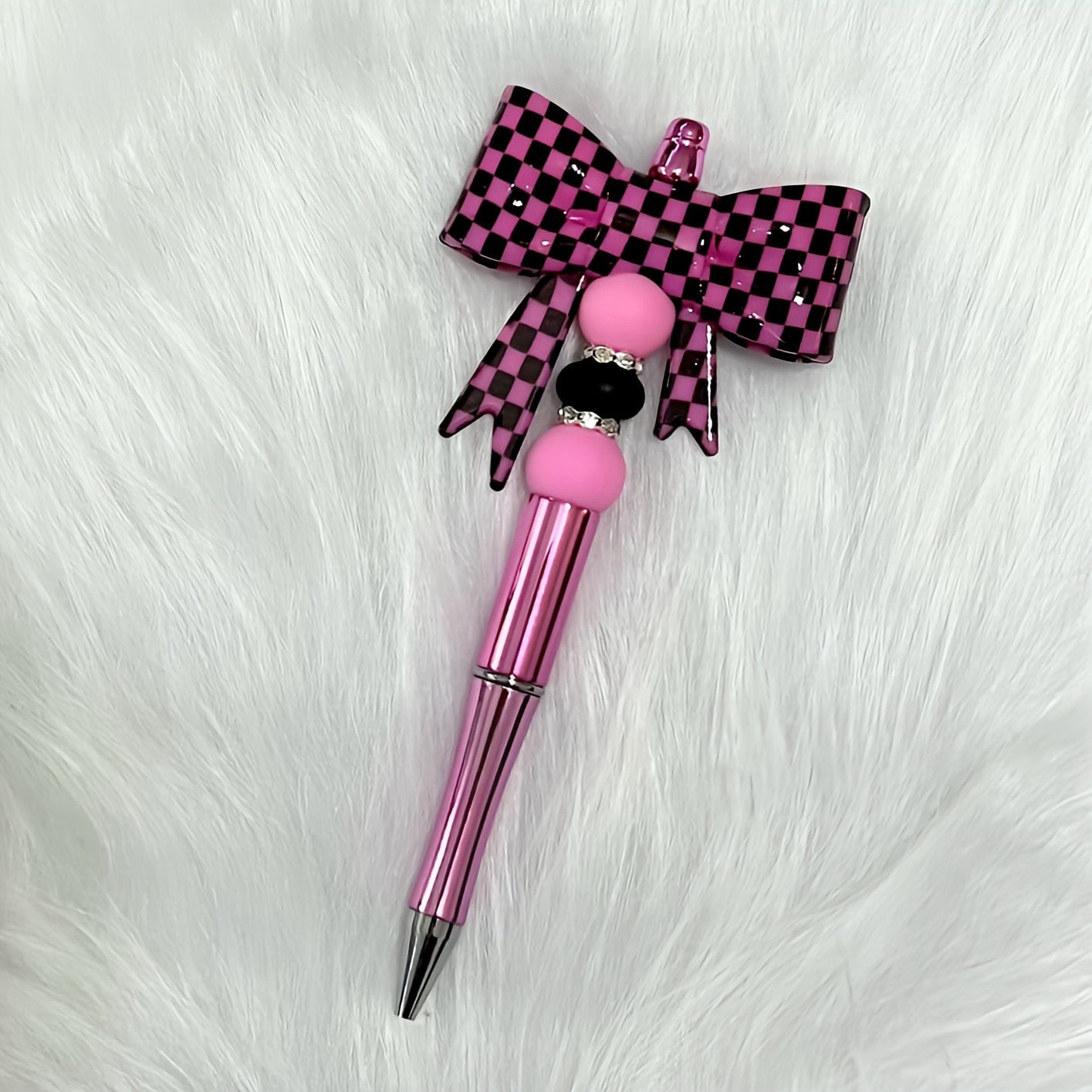 Pink Checkered Bow ~ refillable ballpoint pen