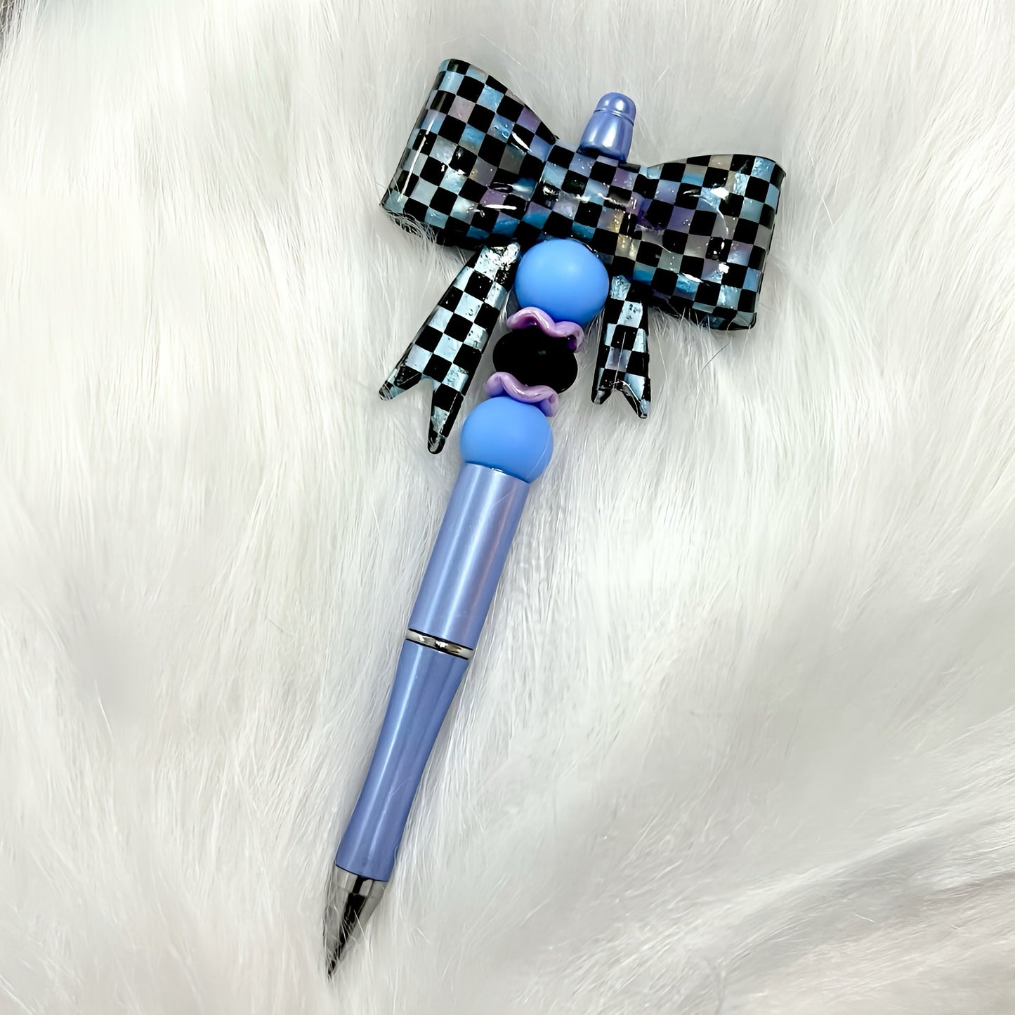 Blue/Black Checkered Bow ~ refillable ballpoint pen