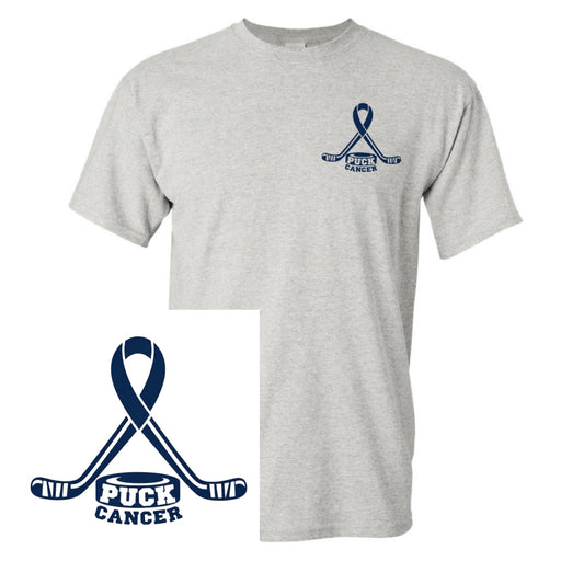 (*This is a pre-order! Regular turn around times do not apply, US shipping only)! PUCK CANCER t-shirt in support of Zac’s cancer journey! 100% of the profits from each shirt sold will be donated to the Go Fund Me!