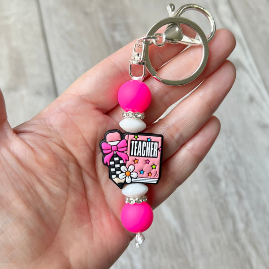 Teacher keychain with hot pink beads