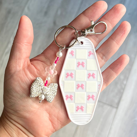 Pink bows - motel key keychain